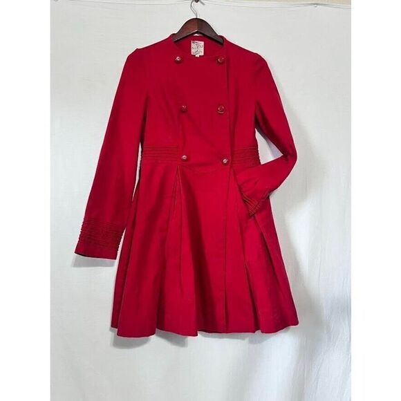 TULLE Anthropologie Red midi length skirted pea coat trench retro sz small - Picture 1 of 6